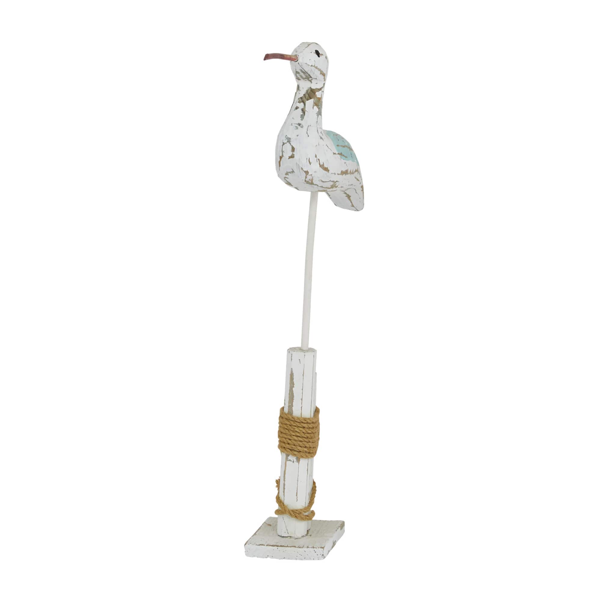 Coastal White Wood and Jute Seabird Sculpture, 21" x 12" x 3"